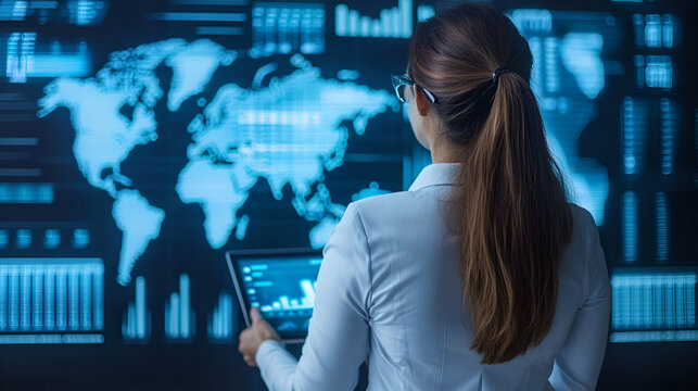 Woman analyzing global data visualization on a digital interface screen