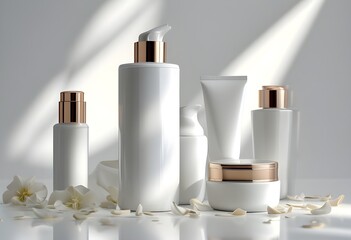Set of white cosmetic bottles and jars, skin care, moisturiser, body cream, face cream, cosmetology treatment