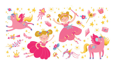 Cute little princess and unicorn collection. Kids vector characters. Beautiful girls with pink dress and magic horns