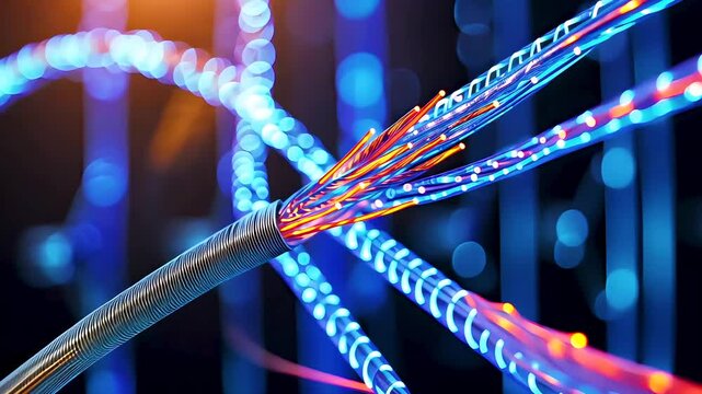Glowing fiber optic cables in high-speed data transmission digital network