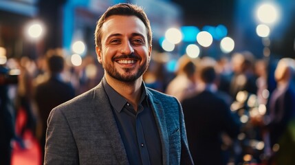 Fototapeta premium Smiling Man in Sequin Jacket on Red Carpet with Blurred Crowd and Bokeh Lights