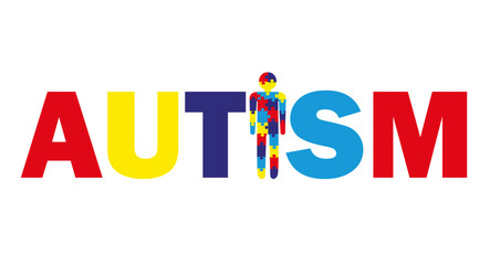 Autism awareness month flat banner concept. Its okay to be different. Set of multicolored human shaped puzzle pieces. ASD syndrome tolerance