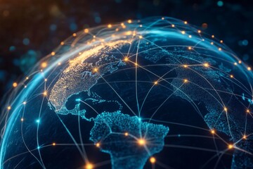 Showing a vibrant digital map of the world, highlights locations illuminated by points of light connected by intricate lines representing data flow Generative AI