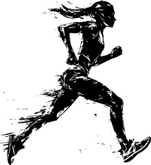 Silhouette of a woman running in a dynamic pose against a white background, creating an energetic and stylized graphic.