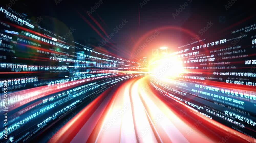 Poster digital data flow on road in concept of cyber global communication and coding with graphic creating 