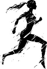 Silhouette of a woman running in a dynamic pose against a white background, creating an energetic and stylized graphic.