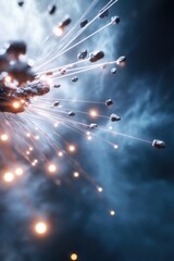 Floating rocks and energy lights in cosmic sky