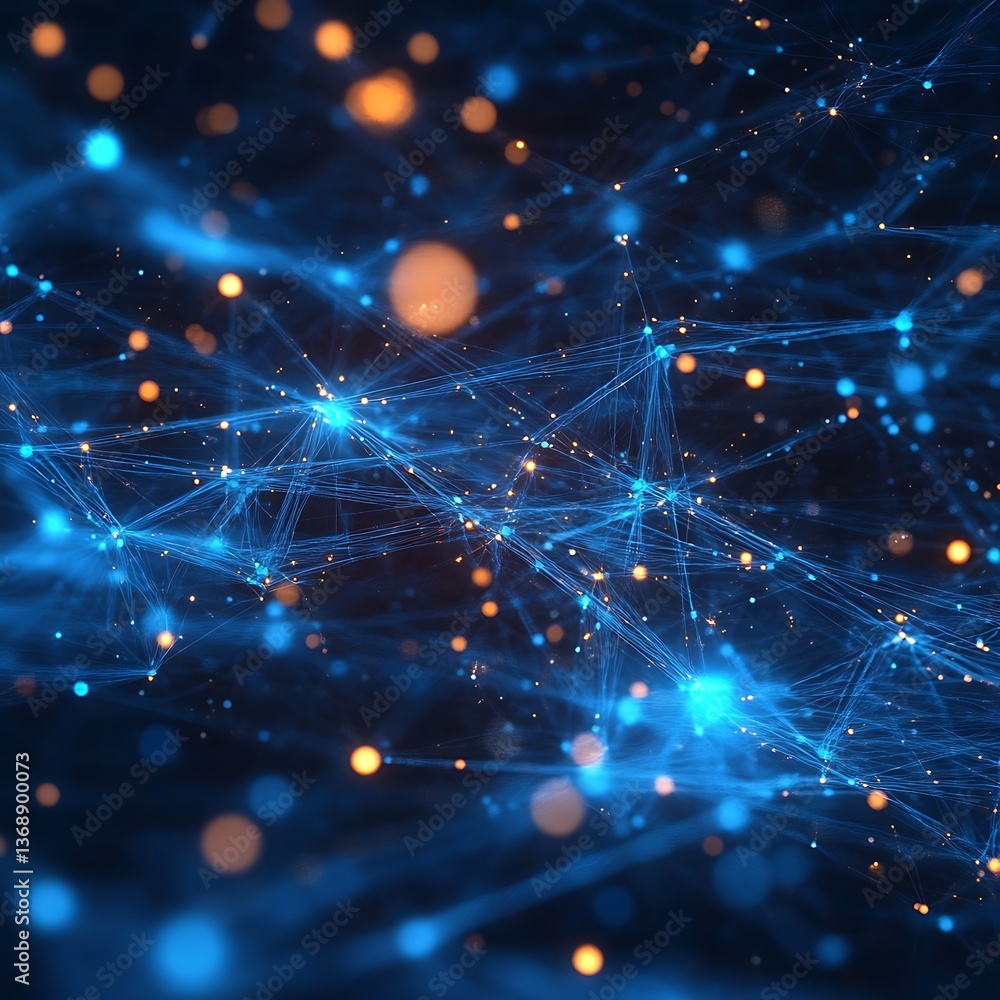 Poster abstract network of interconnected nodes and lines. complex digital connections with glowing particl
