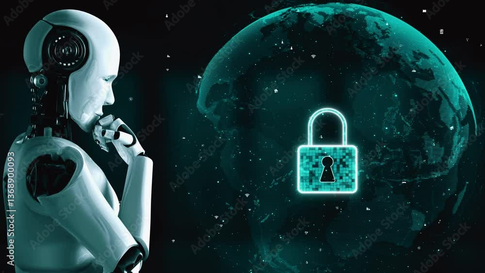 Poster ai robot huminoid uses cloud computing technology to store data on online server . futuristic concep