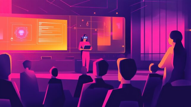 A presenter using virtual reality technology in a futuristic conference room