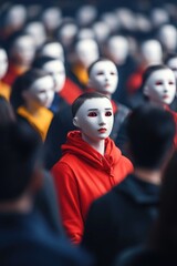 Anonymous crowd: people with masks in red hoodies