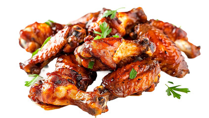 A pile of juicy, smoky chicken wings on a white background, high-resolution photography, stock