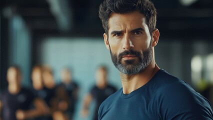Obraz premium Sweaty Muscular Man in Blue Shirt After Intense Workout Session at Gym with People