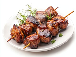Grilled Meat Skewers with Herbs on Plate Close Up View