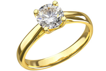Beautiful gold engagement ring with a diamond isolated on transparent background