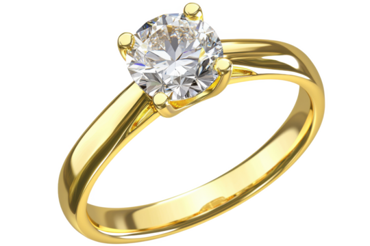 Beautiful gold engagement ring with a diamond isolated on transparent background