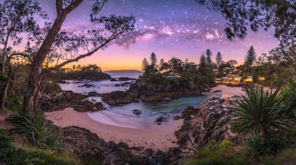 Serene beach at twilight, framed by trees, stars above. Gentle waves lap shore