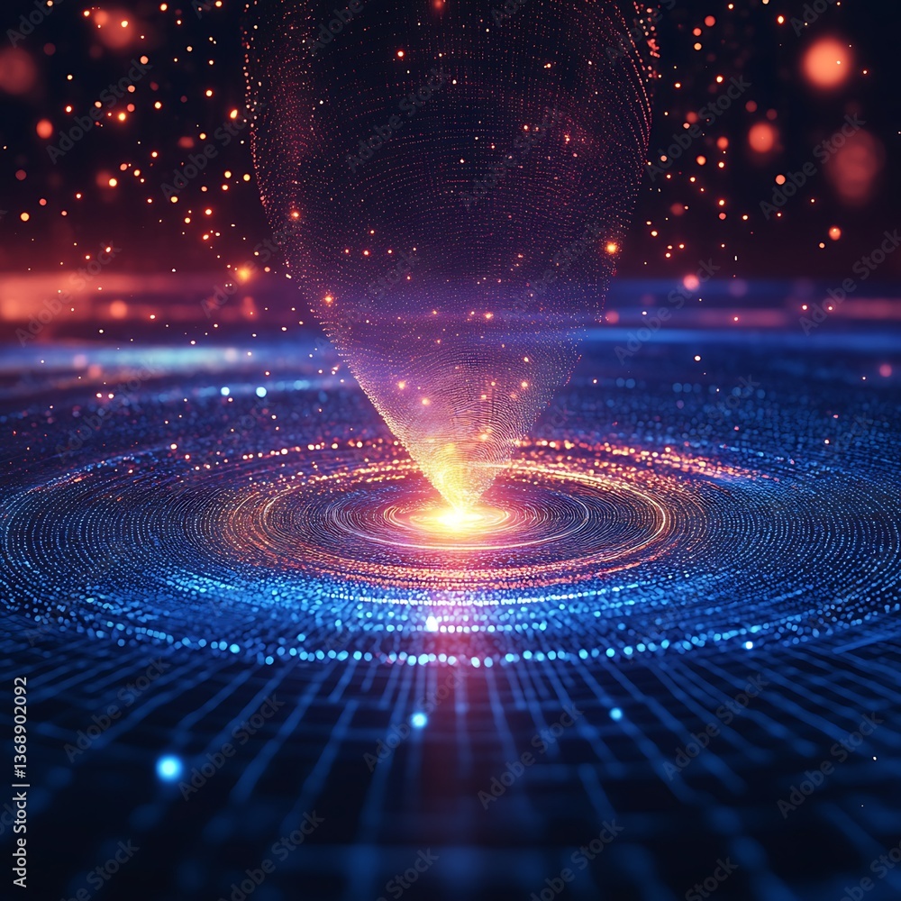 Poster abstract digital sphere with a vortex. a swirling digital vortex with glowing particles, a vibrant s