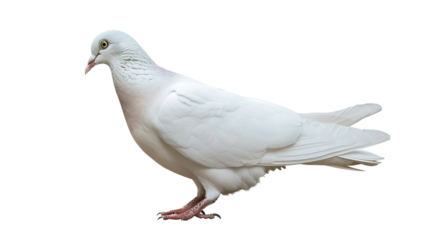 Beautiful full-body white dove isolated on a transparent background, PNG file. White free-flying
