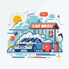 Naklejka premium A cartoon drawing of a car wash with a car in the foreground