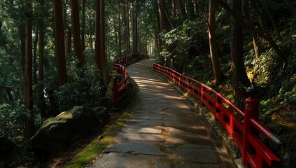 Forest Pathway with Red Railing