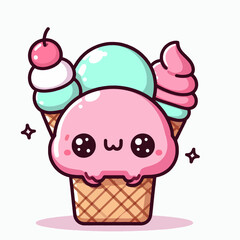A cartoon character holding an ice cream cone with a cherry on top