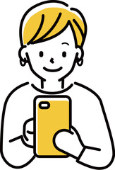 定番　伝わる 人物イラスト　笑顔でスマホ操作するショートカットの女性