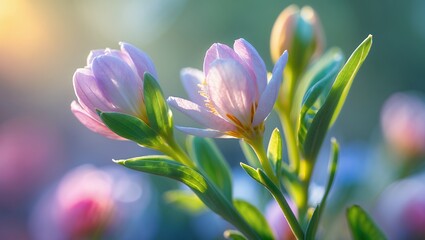 Fototapeta premium Soft focus image of delicate, pinkish flowers, bathed in sunlight. Green stems