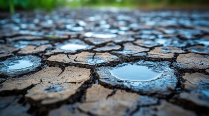 Water droplets gather on dry, cracked soil, highlighting the issue of water scarcity and environmental challenges faced by arid regions