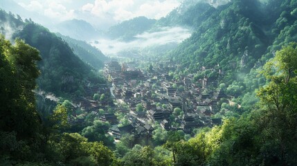 Fototapeta premium Three Kingdoms, ancient Chinese cities, a city set on a mountainside,