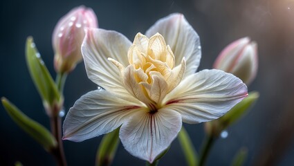 Fototapeta premium Soft, illuminated blossom with water droplets on petals and buds