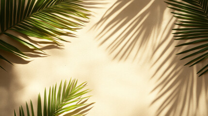 A summer-themed background featuring beach sand with palm leaf shadows, viewed from above