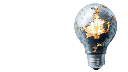 Png of A weathered light bulb with cracked surface and glowing filament, symbolizing broken ideas and innovation on transparent background.