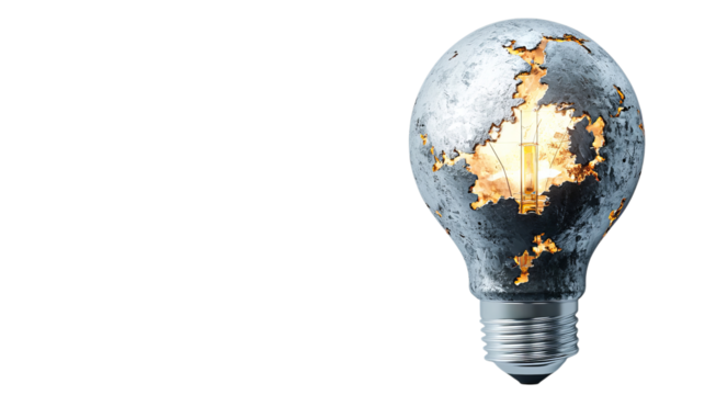 Png of A weathered light bulb with cracked surface and glowing filament, symbolizing broken ideas and innovation on transparent background. - Powered by Adobe