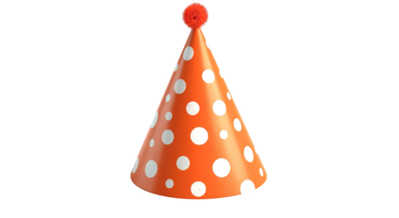 White polka dots on an orange party hat, isolated against a white background, in an isometric view,