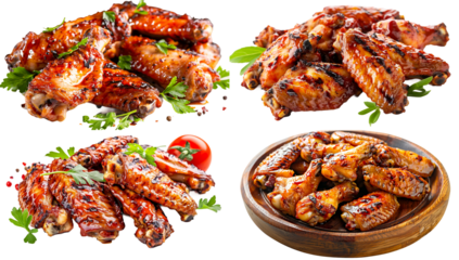 Sizzling grilled chicken wings isolated on a white background, PNG