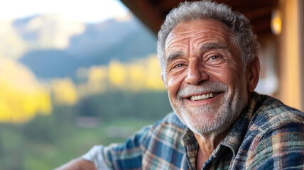 Smiling elderly man enjoying fresh air on a wooden balcony with mountain landscape and warm sunlight