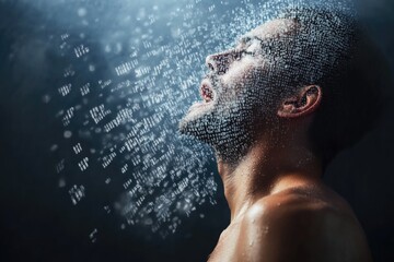 Young caucasian male experiencing digital transformation with binary code overlay