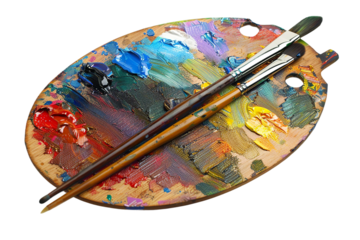 Wooden art palette with paint and brushes isolated on a white background, detailed illustration,