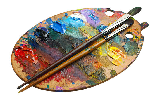 Wooden art palette with paint and brushes isolated on a white background, detailed illustration,