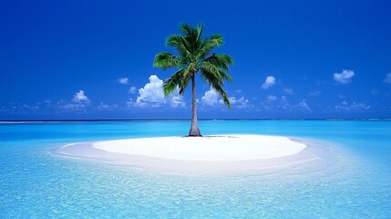 Serene tropical island scene with palm tree, white sand, and crystal clear blue water