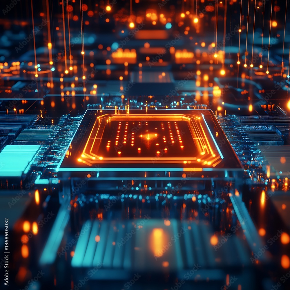 Poster advanced microprocessor circuitry with vibrant glowing lines