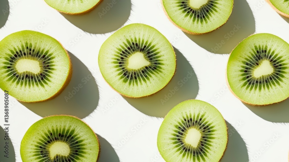 Poster sliced kiwifruit arranged in a repeating pattern on a white background, casting shadows.