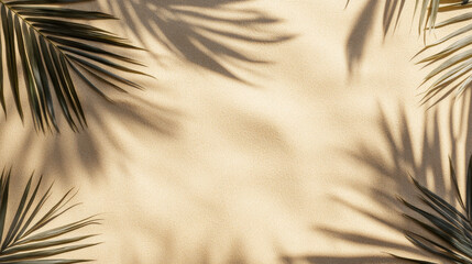Obraz premium A summer-themed background featuring beach sand with palm leaf shadows, viewed from above