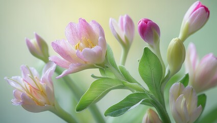 Fototapeta premium Soft pink flowers with yellow center and green leaves bloom