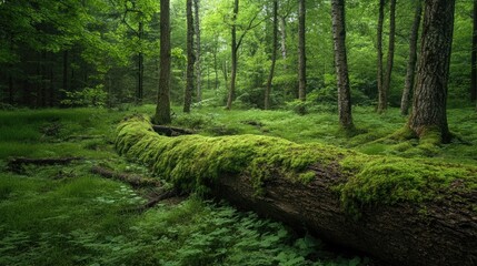 Obraz premium Moss-covered fallen tree giving way to new growth in a forest