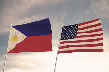 Relations between the countries of the United States of America USA and PHILIPPINES represented by the concept of two flags waving against a cloudy sky.3d render.