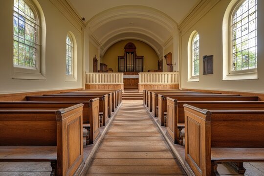 Empty church interior with wooden pews and organ displaying tranquility and spirituality