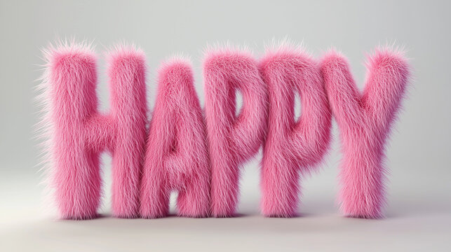 Pink 3D letters spelling happy floating against pristine white background, rendering vibrant cheerful typography with soft fuzzy texture - Powered by Adobe