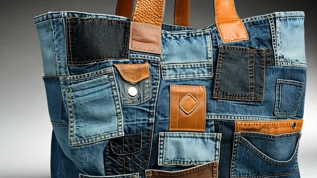 Recycled Denim Tote Bag on Gray Background